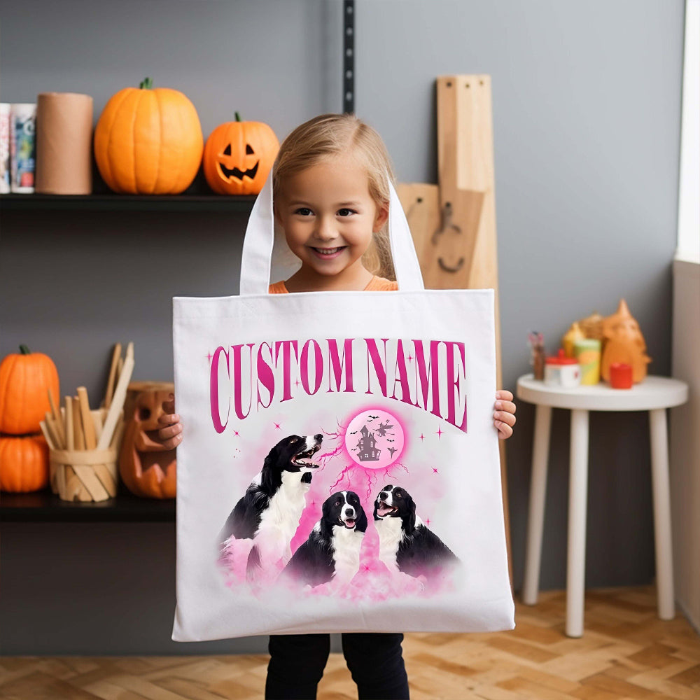 Halloween Personalized Pet Photo Tote Bag Retro Canvas Tote Bag for Trick or Treat