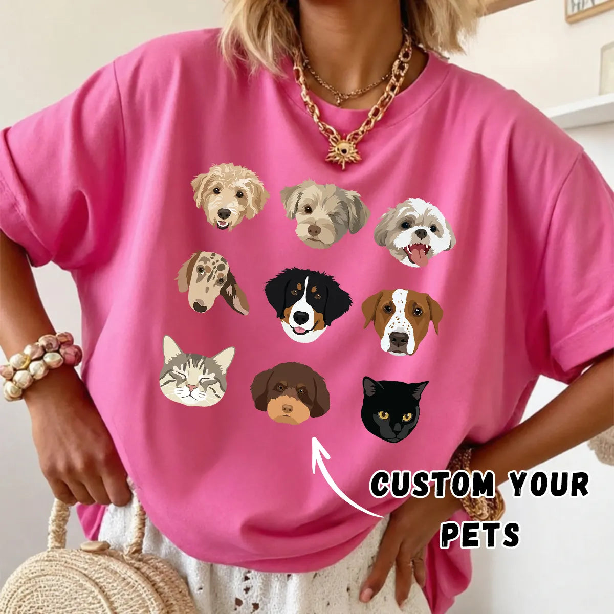 Custom Pet Illustration Graphic T-Shirt – A Wearable Work of Art Featuring Your Pets