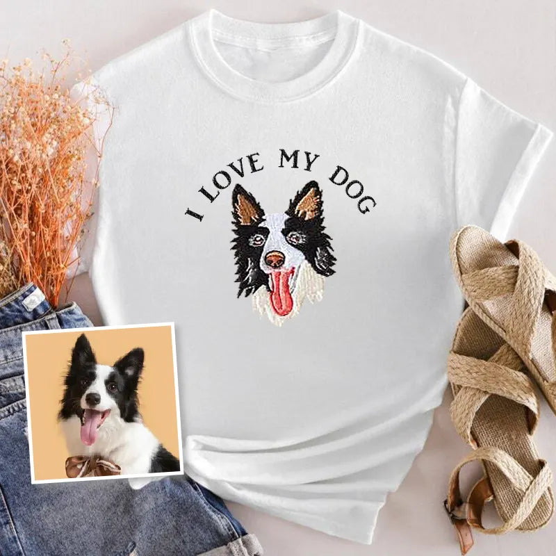 I Love My Dog Custom Pet Portrait Embroidered Crewneck T-shirt Hoodie- Varsity Colorful Design