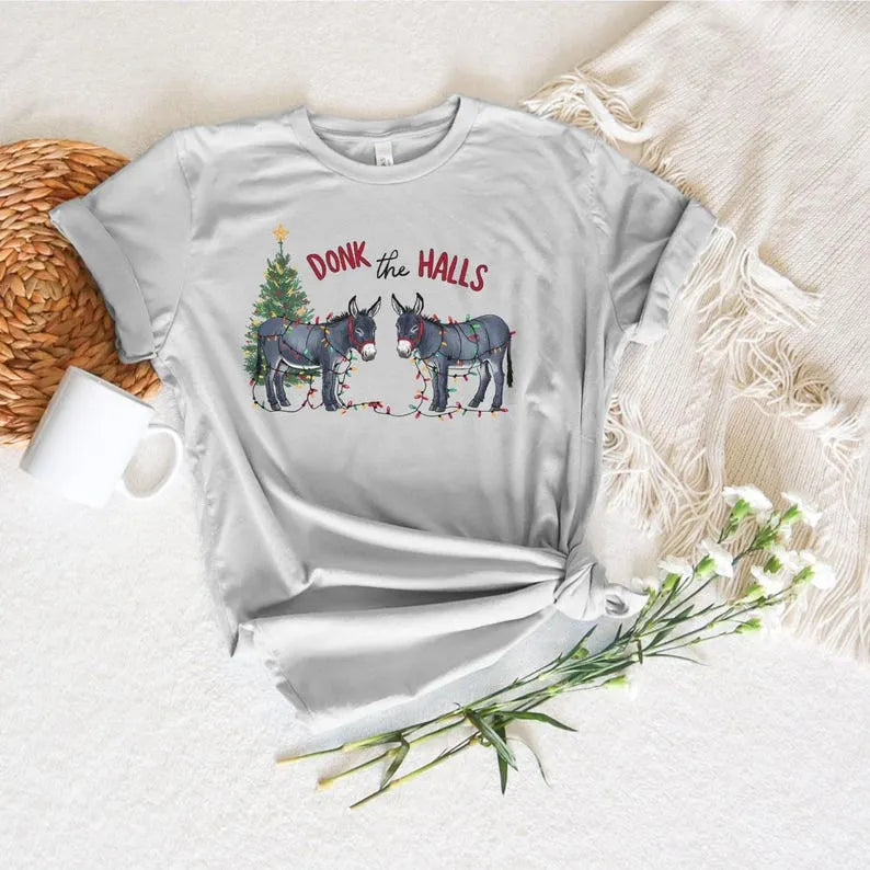 Funny Donkeys Tangled in Christmas Lights T shirt Sweatshirt Hoodie, Christmas Animal Shirt