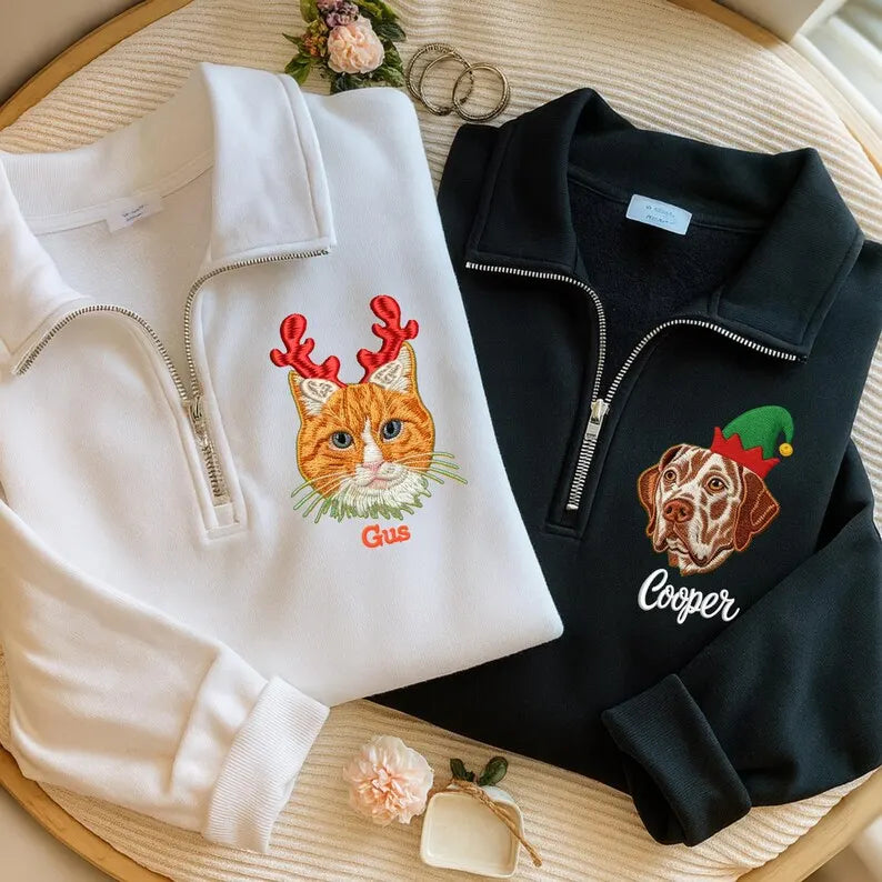 Custom Pet Portrait Embroidered Quarter Zip Christmas Sweatshirt- Colorful Design