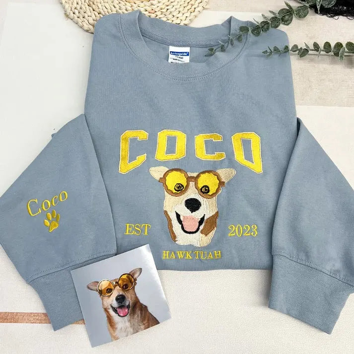Custom Pet Portrait Embroidered Sweatshirt Hoodie, Varsity Full-color Style