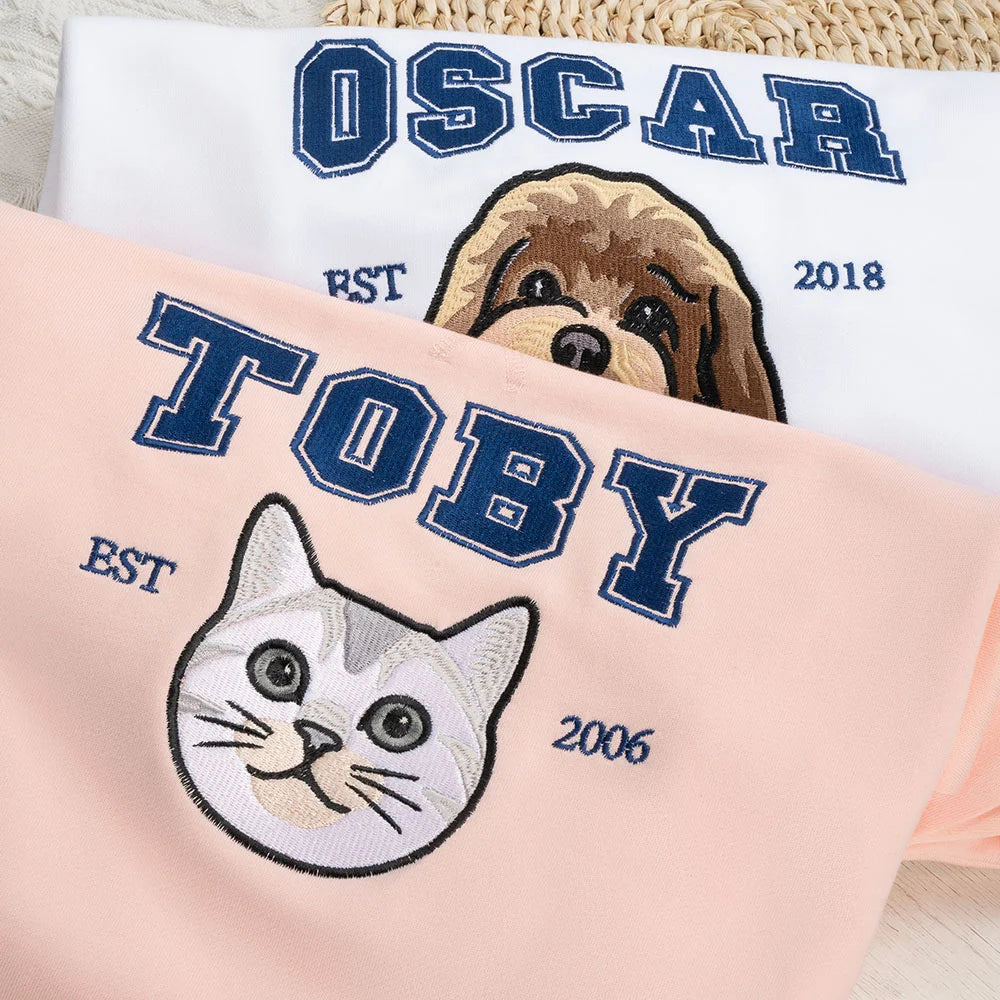 Custom Embroidery Dog Cat Pet Portrait T-shirt Sweatshirt Hoodie with Name and Year