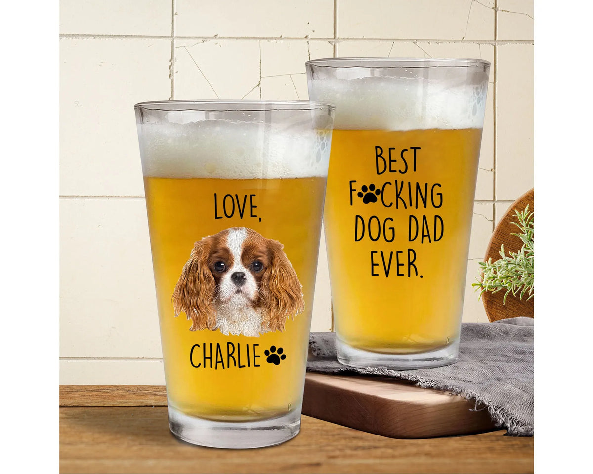 Custom Pet Portrait from Photo Dog Dad Pint Glass, Father Day Gift, 16 oz Pint Beer Glass