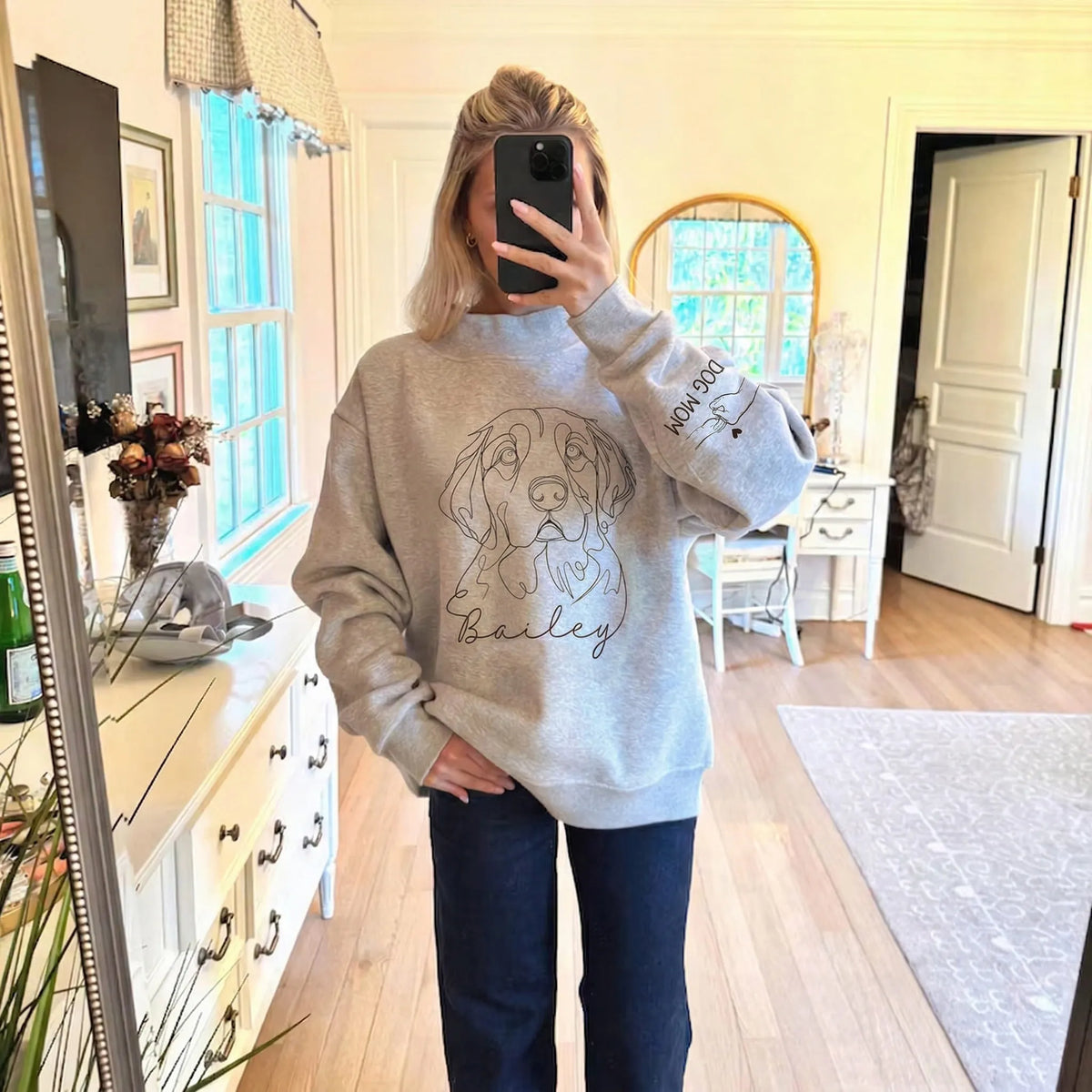 Custom Pet Photo Line Art Printed Mockneck Sweatshirt