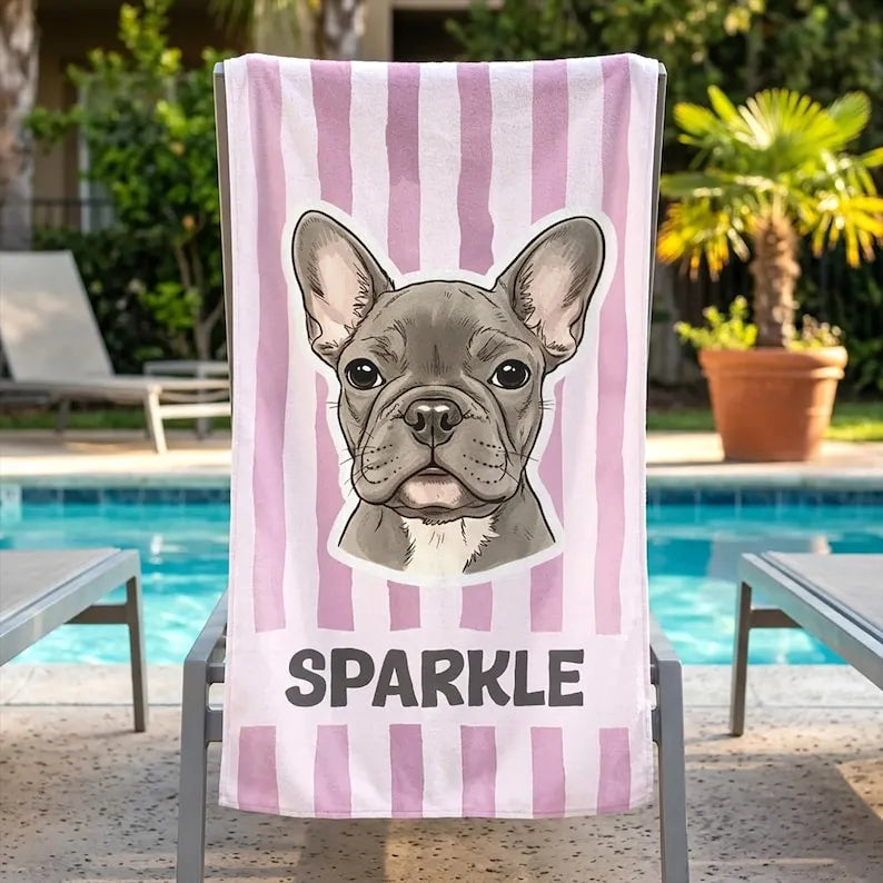 Custom Pet Photo Hand Drawn Beach Towel, Personalized Dog Name Quick-Dry Towel