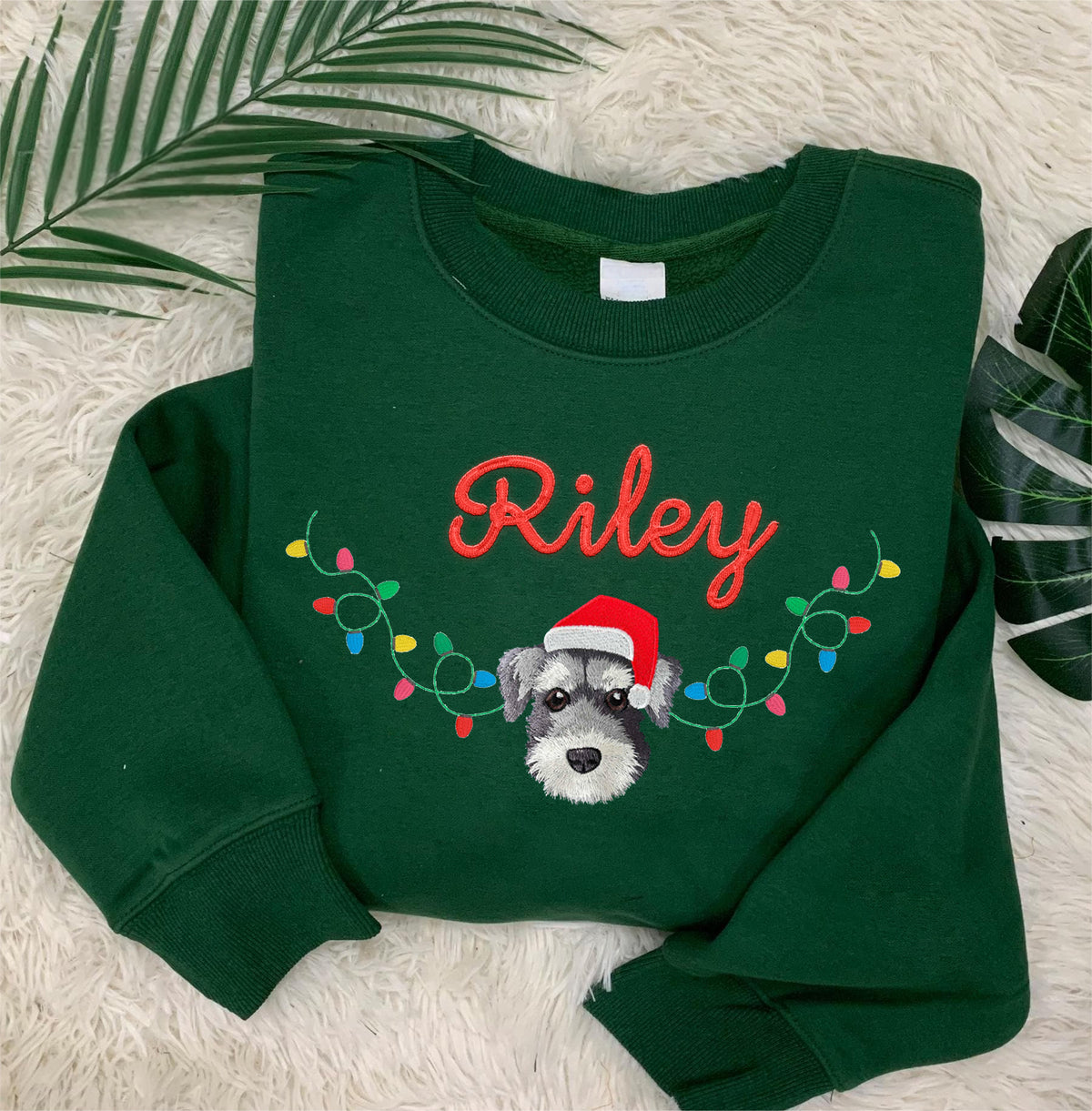 PetFiestas® Christmas Lights Custom Pet Face And Name Embroidered Sweatshirt Hoodie T-shirt- Colorful Design