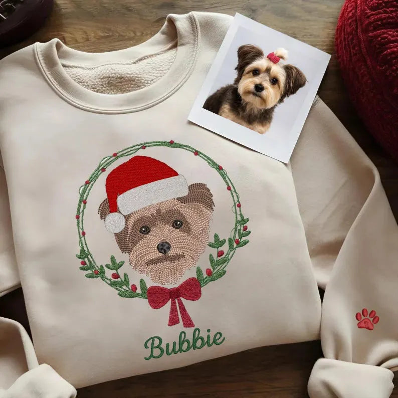 Custom Pet Embroidered Christmas Sweatshirt, Personalized Dog or Cat Portrait Crewneck- Colorful Design