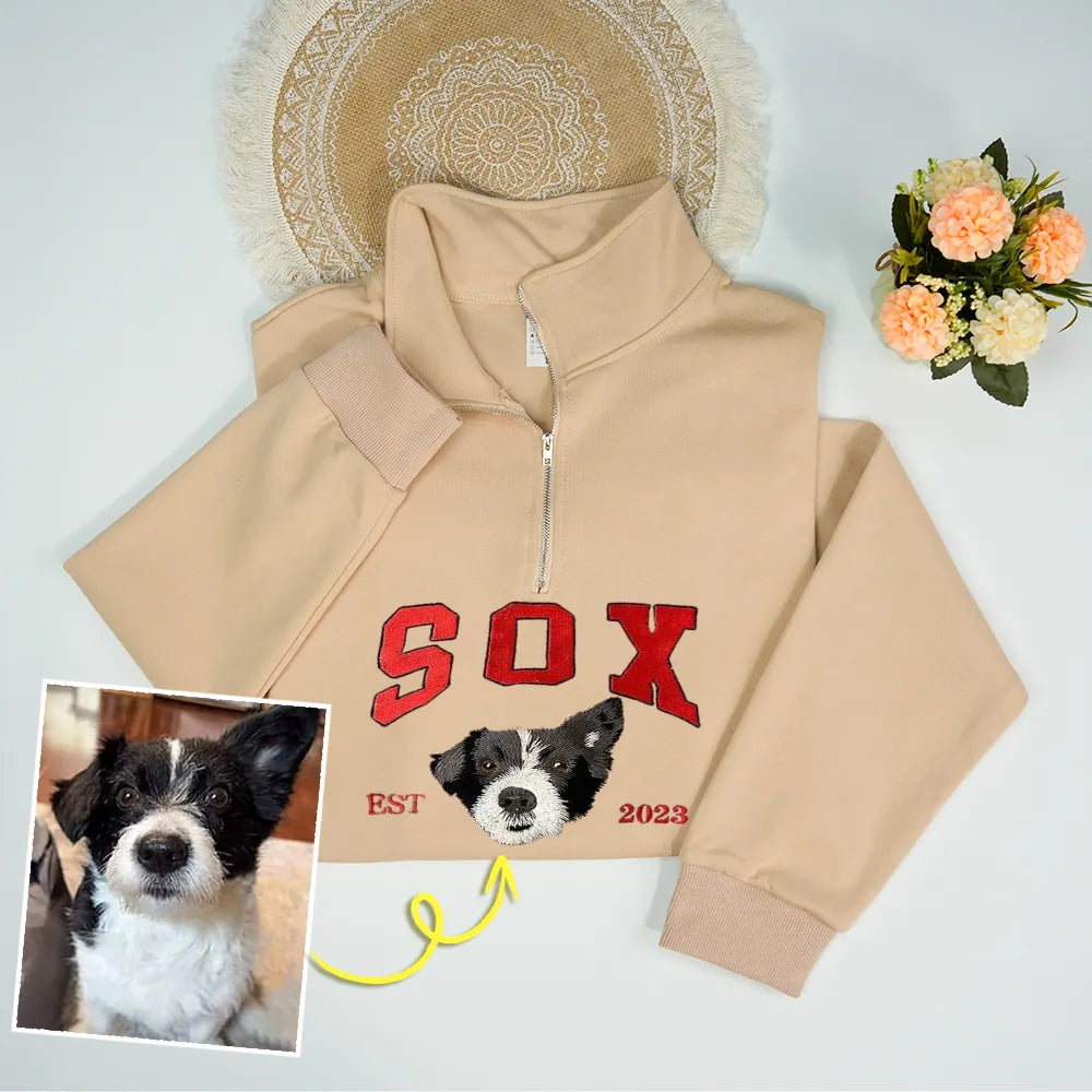 Custom Premium Handcrafted Pet Photo Embroidery with Pet Name Quarter-Zip Sweatshirt- Colorful Design