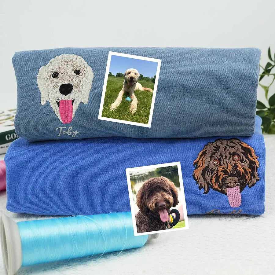 Full Color Pet Portrait Embroidered Sweatshirt – Custom Dog, Cat & Horse Face with Name/Date- Colorful Design