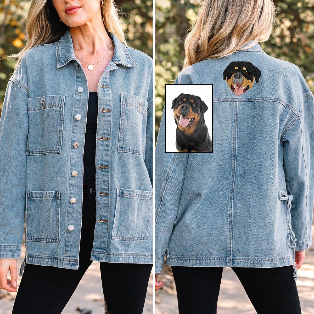 Custom Pet Portrait Embroidered Denim Jacket, Beau Blue Multi Patched Pockets Side Tie up