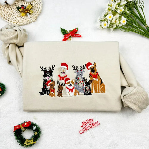 Christmas Dog Family Embroidered Sweatshirt Hoodie T-shirt Unisex Crew Neck- Colorful Design