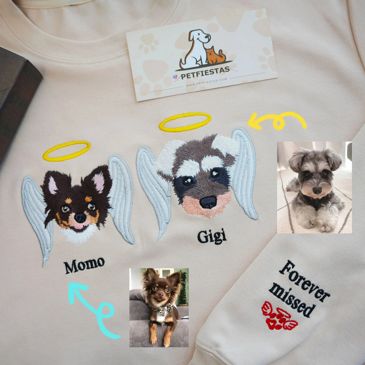 PetFiestas® Custom Premium Handcrafted Pet Loss Embroidered Sweatshirt, Pet Memorial T-shirt Hoodie- Colorful Design
