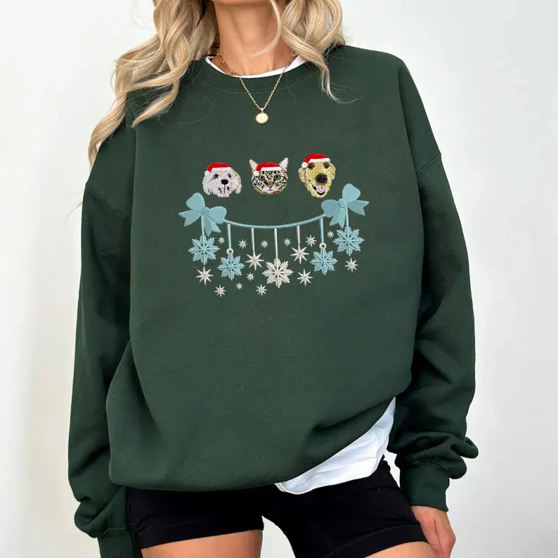 PetFiestas® Christmas Custom Dog Cat Face Embroidered Sweatshirt with Snowflake Embroidery- Colorful Design