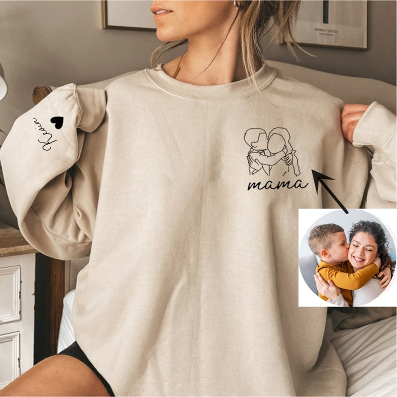 Personalized Portrait Sweatshirt, Custom Family Mama Kids Photo Outline Drawing,Gift For Mom
