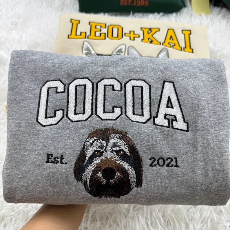 Custom Dog Cat Face Embroidered Sweatshirt Varsity Style Sweatshirt Hoodie T-shirt- Varsity Colorful Design