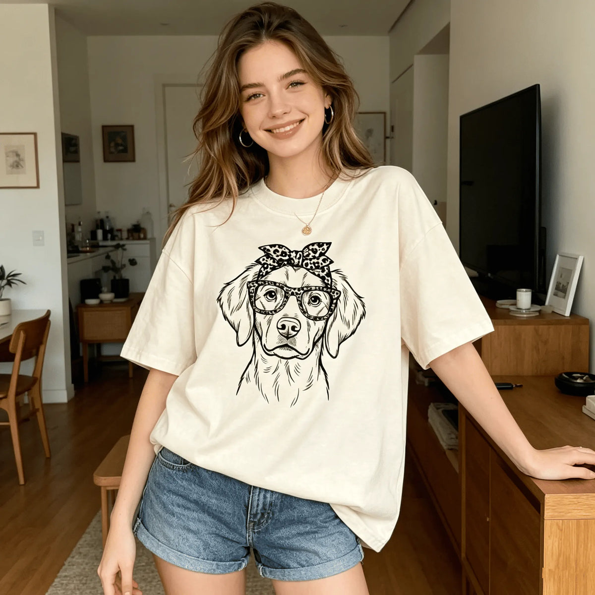 Custom Dog Photo Minimalist Leopard Glasses & Bandana Shirt, Dog Mom Tee, Dog Line Art Mother's Day Gift