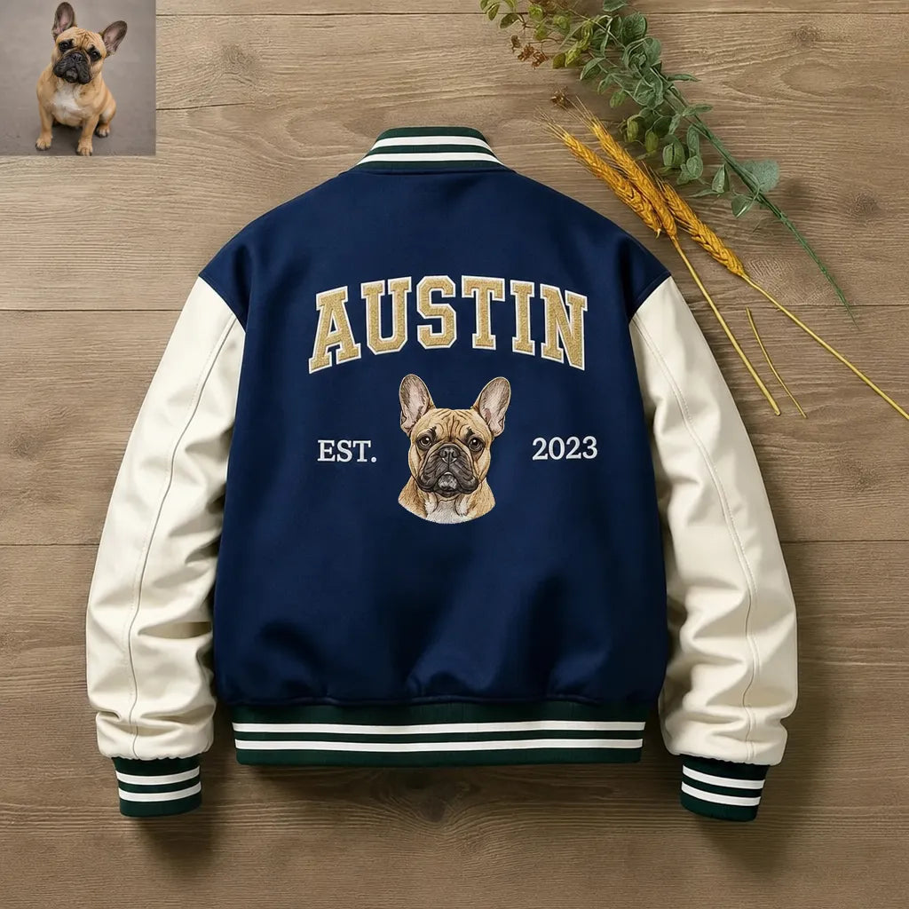 Custom Pet Portrait Varsity Jacket – Letterman Style with Name & Est. Year