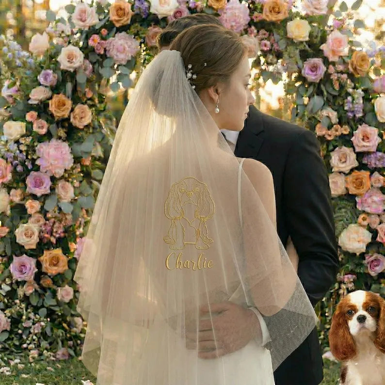 Personalized Pet Embroidered Bridal Veil, Custom Dog Portrait Wedding Veil