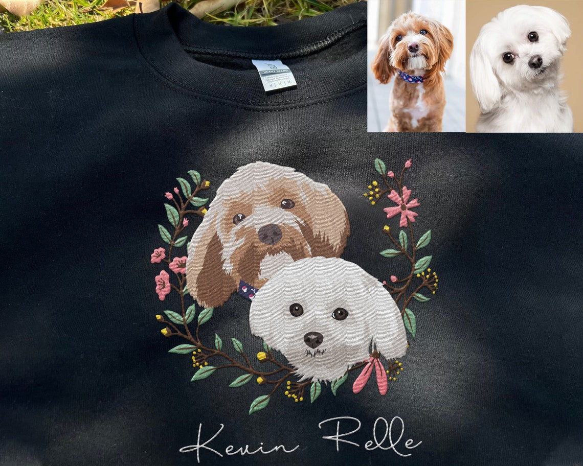 Custom Pet Portrait Embroidered Dog Mom Floral Sweatshirt Hoodie- Colorful Design