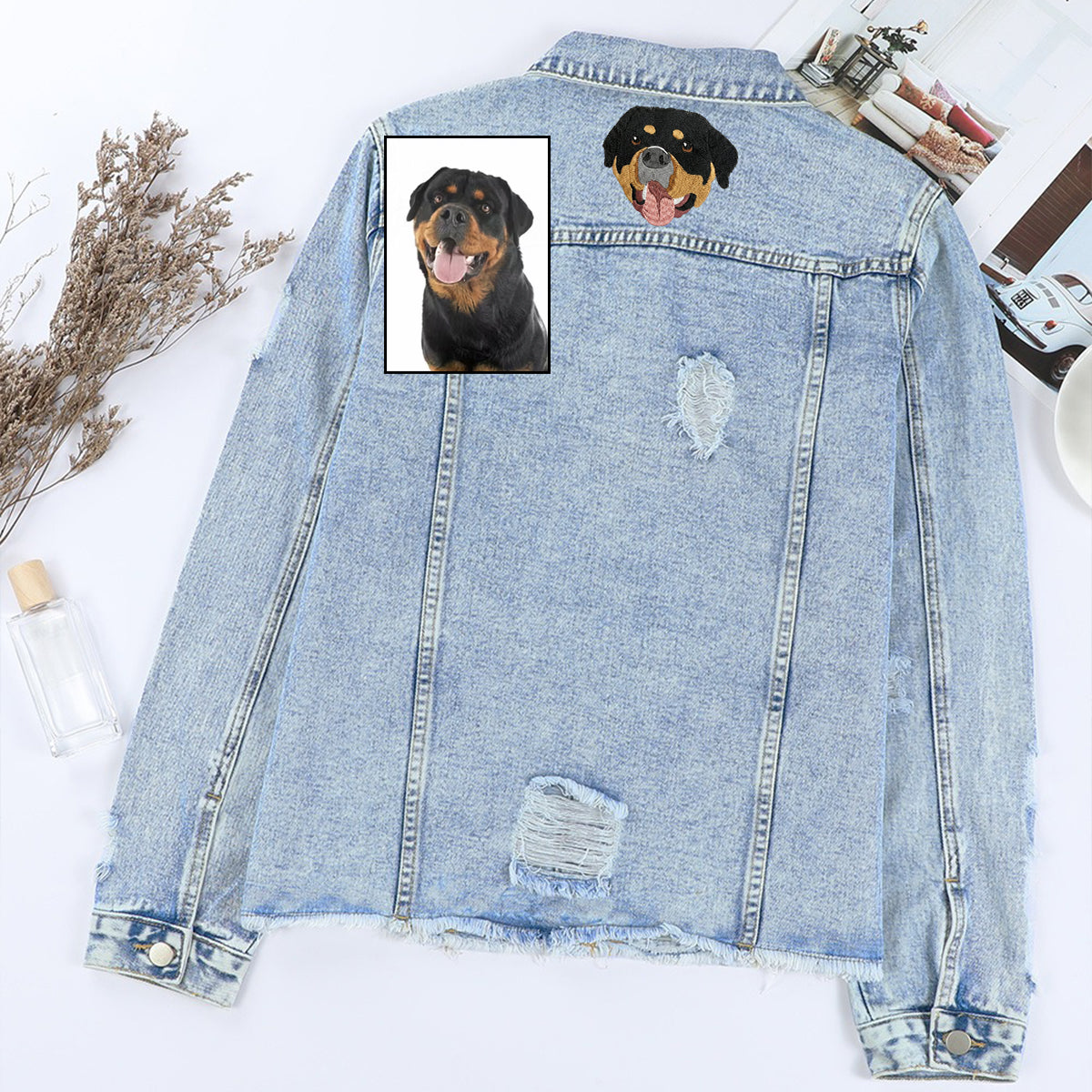 Custom Pet Portrait Embroidered Denim Jacket, Lapel Distressed Raw Hem Buttons Denim Jacket