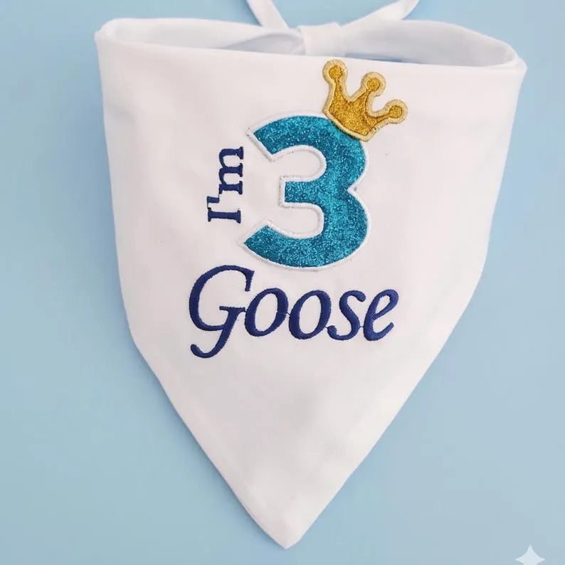 Custom Embroidered Name Birthday Dog Bandana with Glitter Number & Crown Design
