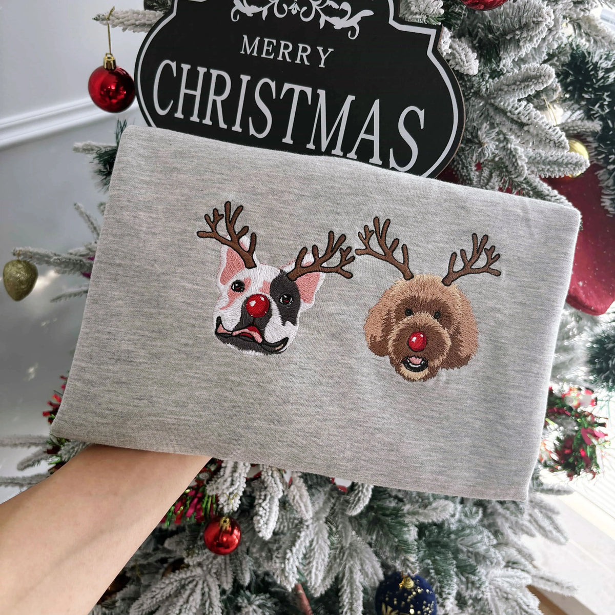 PetFiestas® Custom Dog Embroidered Christmas Sweatshirt with Funny Reindeer Design
