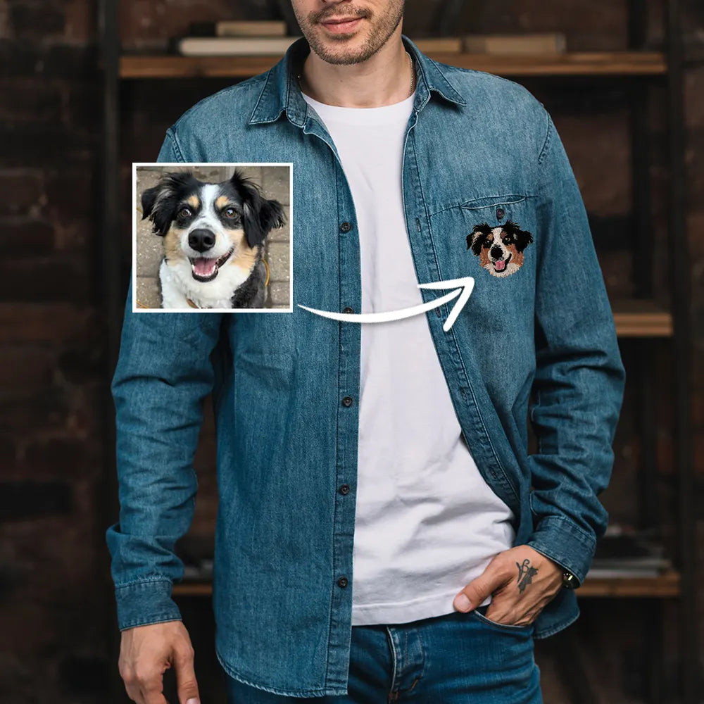 Embroidered Pet Portrait Denim Shirt For Man, Custom Pet Photo Denim Shirt 