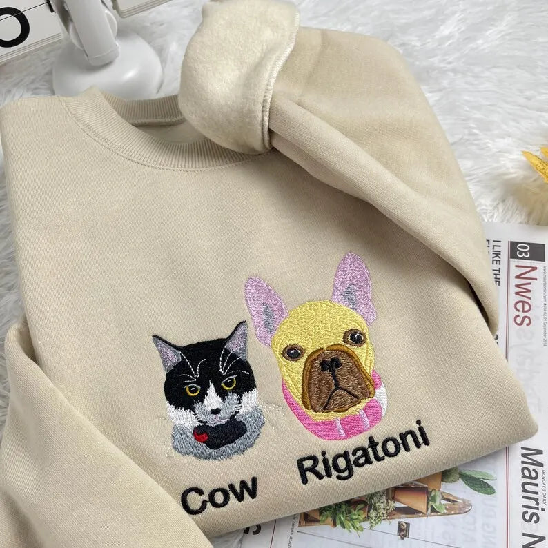 Custom Dog Cat Face Embroidered Sweatshirt Crewneck Hoodie T-shirt, Personalized Pet Face Sweatshirt- Colorful Design