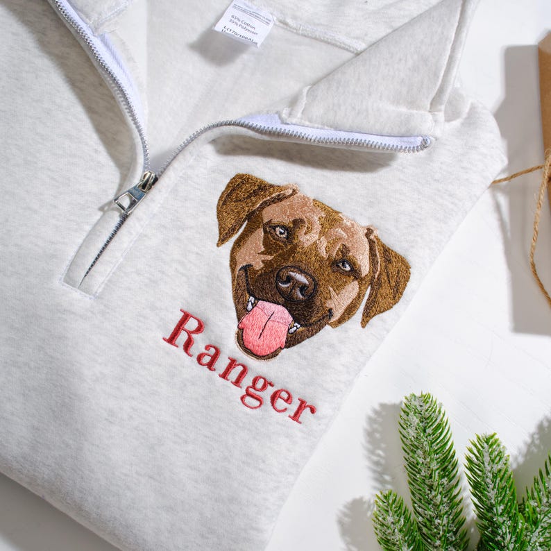 Custom Pet Portrait Quarter Zip Sweatshirt With Name, Dog Cat Face Sweatshirt- Colorful Design