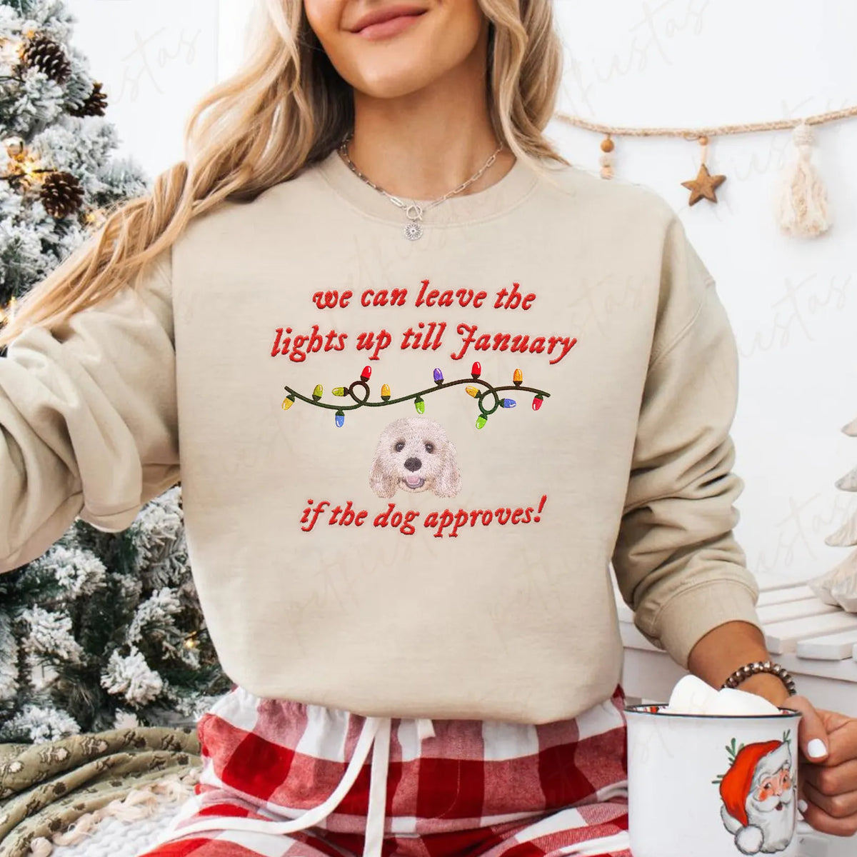 PetFiestas® We can leave the lights up till January Custom Pet Face Embroidered Sweatshirt Hoodie T-shirt- Colorful Desi