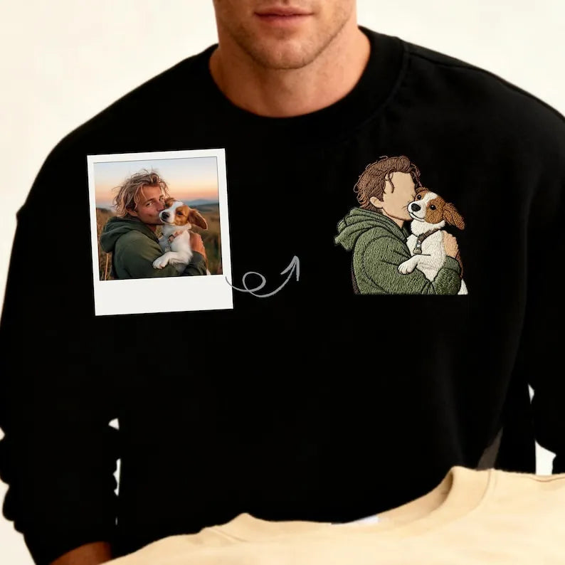 Custom Embroidered Pet and Owner Portrait Sweatshirt, Personalized Dog/Cat Dad Mom Gift