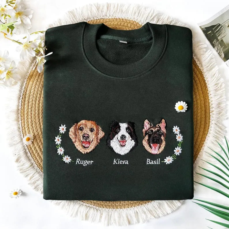 Custom Pet Portrait Embroidered Sweatshirt with Wreath - Colorful Design