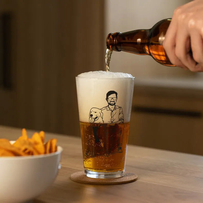 Custom Dad With Dog Portrait Beer Glass, Custom Photo Pint Glass, Fathers Day Drinkware Gift