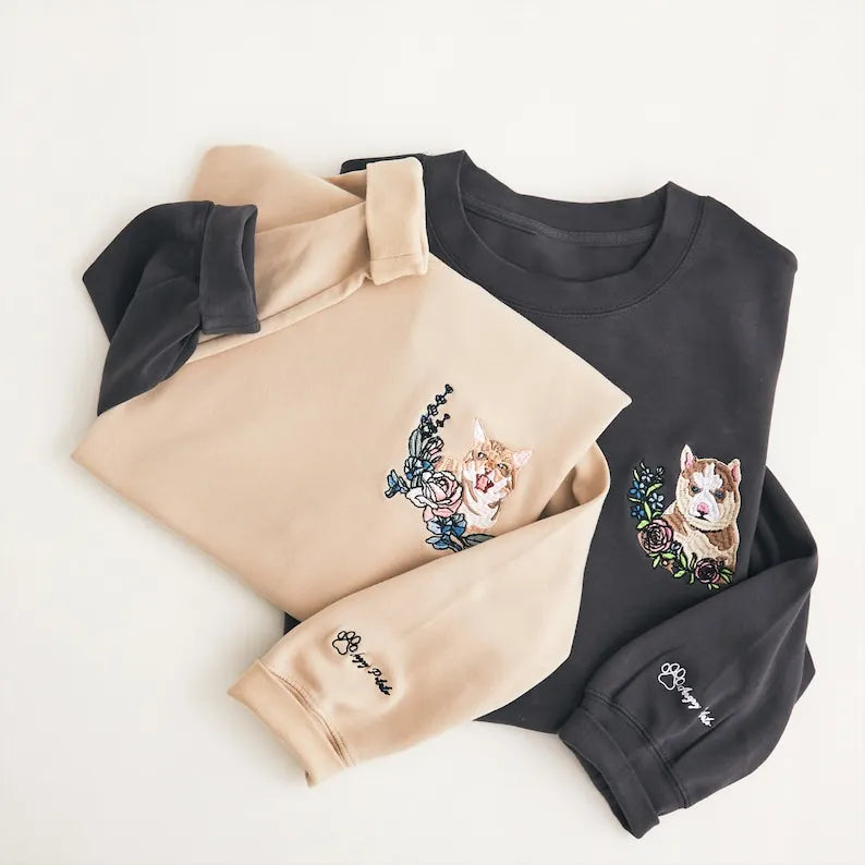 Custom Embroidered Pet Sweatshirt with Flowers - Personalized Dog Cat Portrait Crewneck Hoodie- Colorful Design