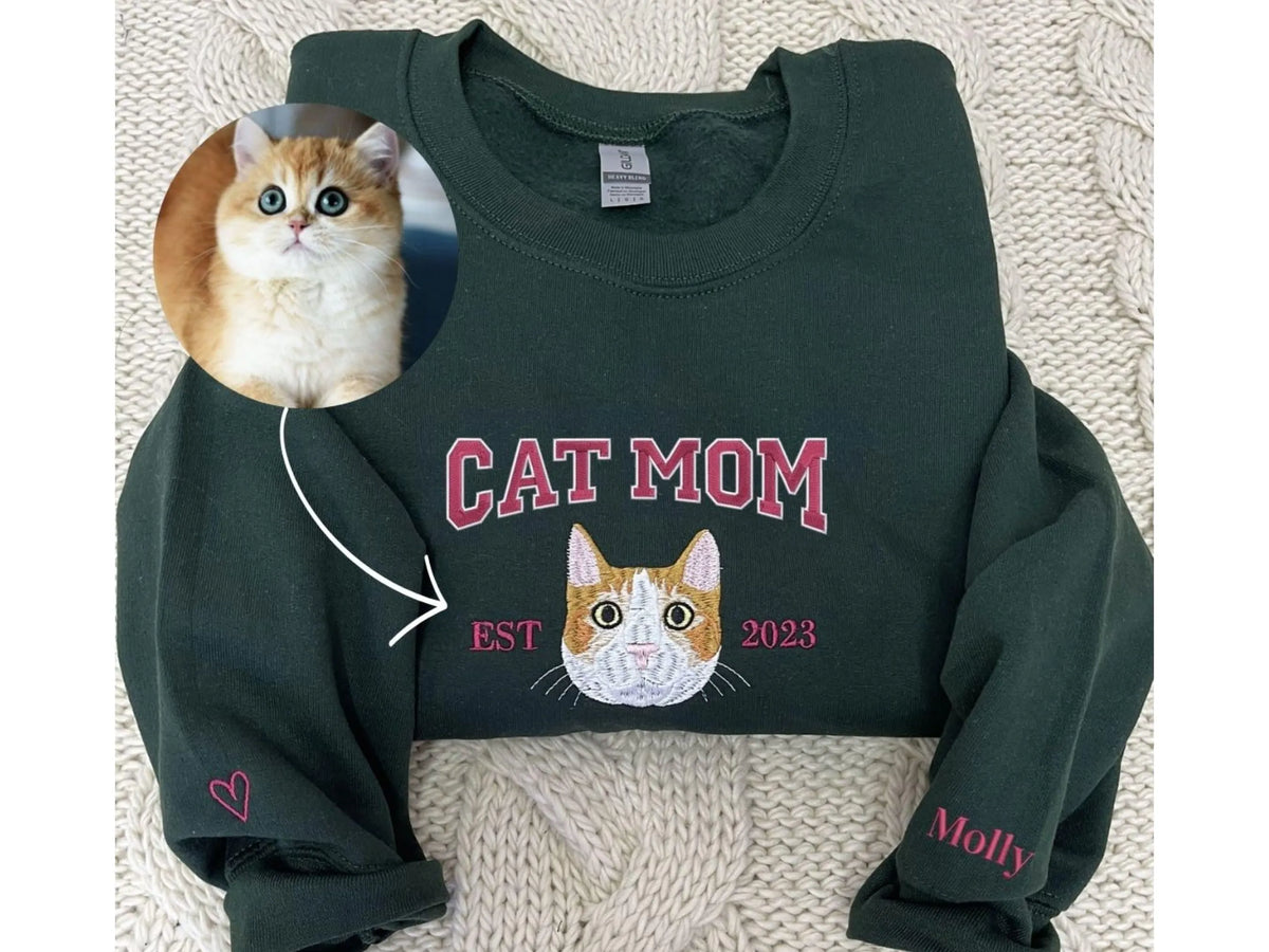 Custom Embroidered Varsity Cat Dad Sweatshirt or Hoodie Portrait from Photo- Varsity Colorful Design