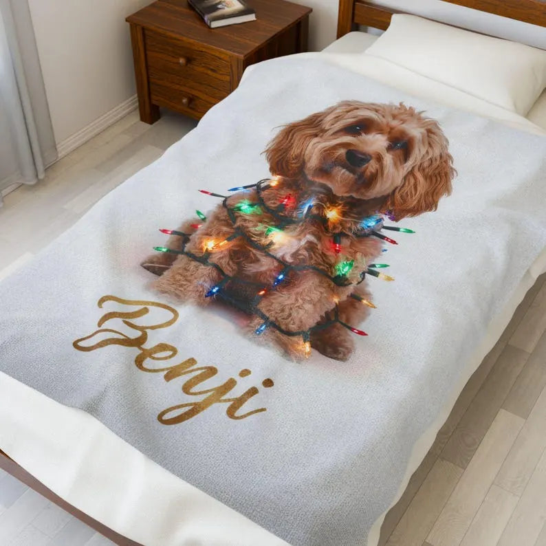 Custom Dog Blanket, Dog Wrapped in Christmas Lights Blanket