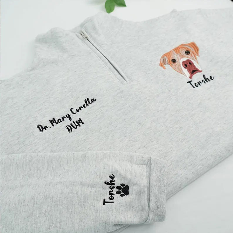 Custom Pet Portrait Quarter Zip Sweatshirt – Personalized with Name & Text- Colorful Design