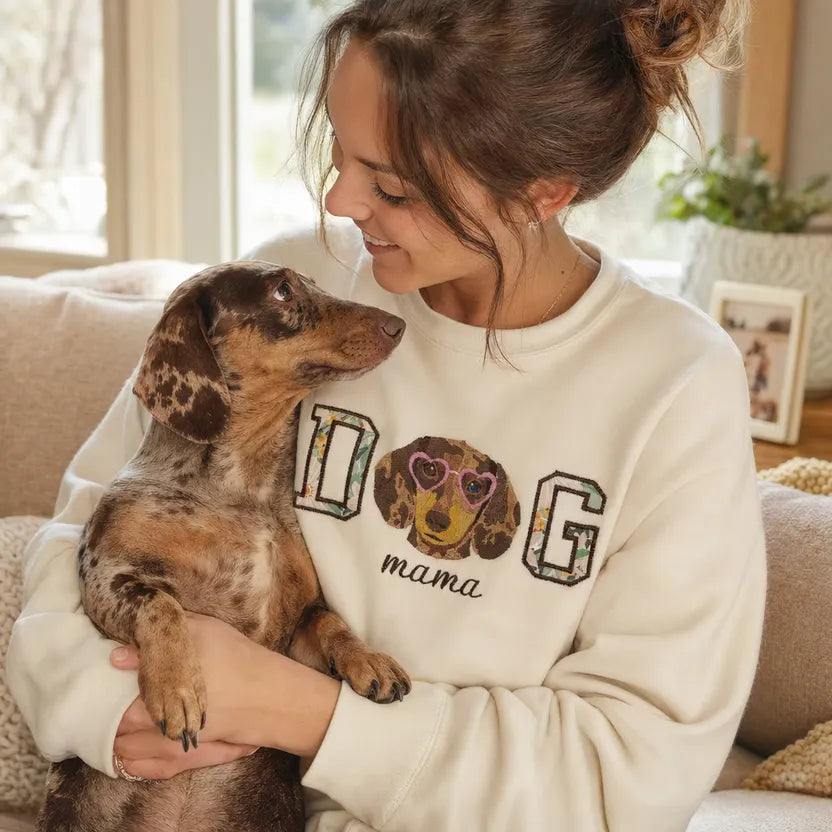 Custom DOG mama Embroidered Pet Portrait Sweatshirt with Pet Name