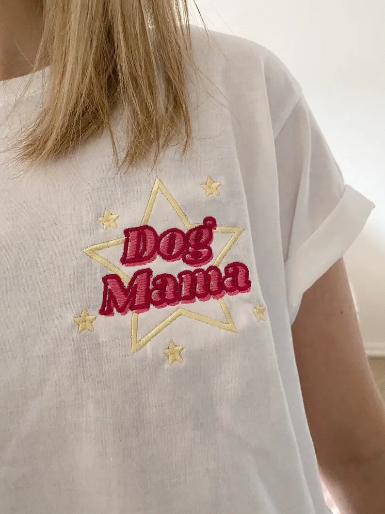Dog Mama Star Embroidered Sweatshirt Hoodie T-shirt, Dog Mom, Dog Lover Sweatshirt- Colorful Design