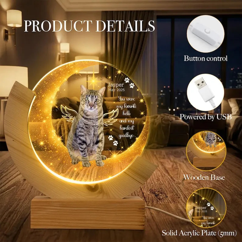 Custom Pet Memorial LED Light with Wooden Base, Crescent Moon Sympathy Lamp, Dog Cat Remembrance Gift