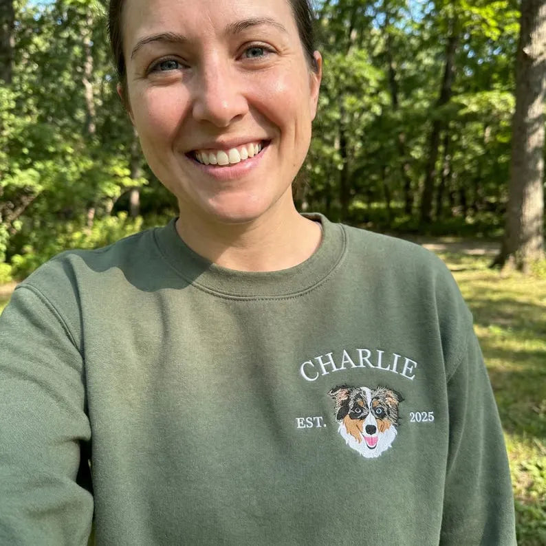 Custom Dog Name and Portrait Embroidered Sweatshirt, Personalized Dog Mom Sweatshirt