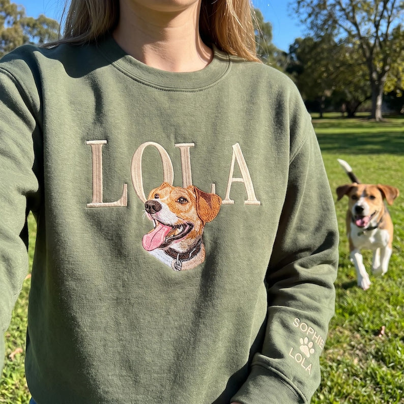 Custom Embroidered Dog Portrait Sweatshirt, Personalized Pet Photo Name Embroidered Crewneck