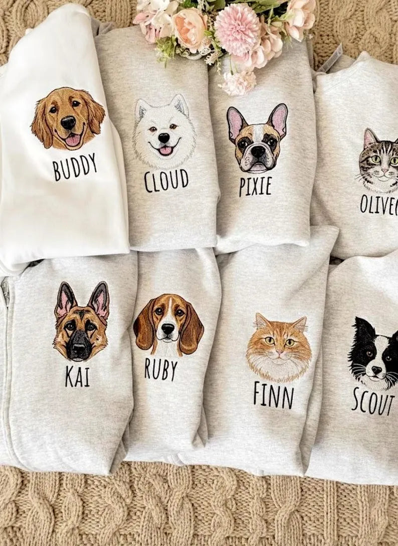 Custom Pet Portrait Embroidered  Quarter Zip Sweatshirt, Personalized Dog Cat Crewneck- Colorful Design