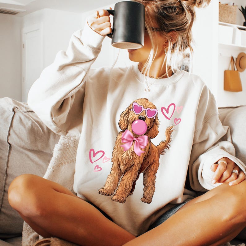 Custom Pet Photo Sweatshirt - Personalized Dog Illustration with Bubble Gum & Pink Bow