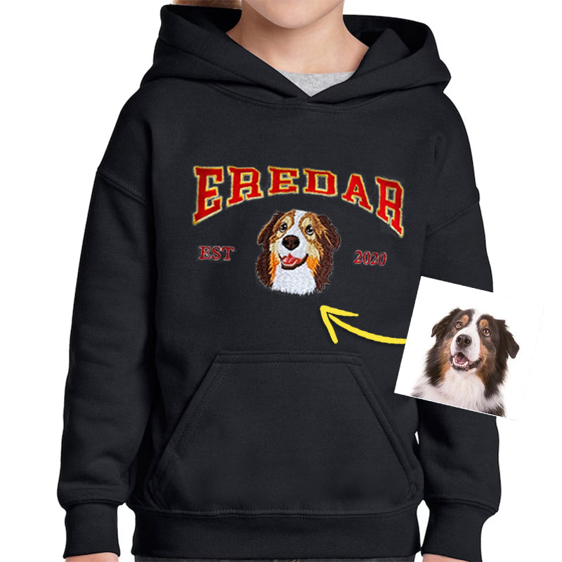 Custom Dog Hoodie Embroidered Dog Name, Personalized Pet Face Sweatshirt, Varsity Style Hoodie For Kid- Varsity Colorful
