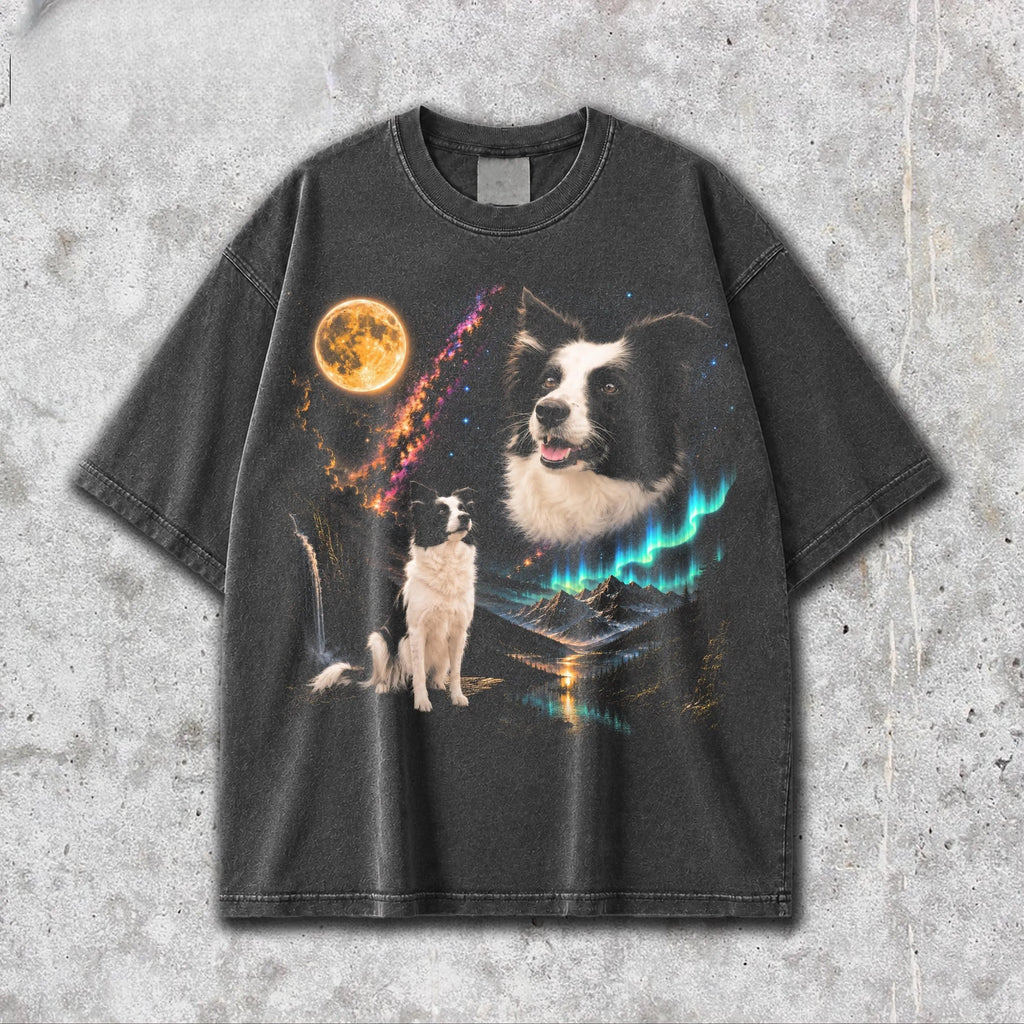 Custom Pet Howling to the Moon Tee — Aurora Night Sky Design