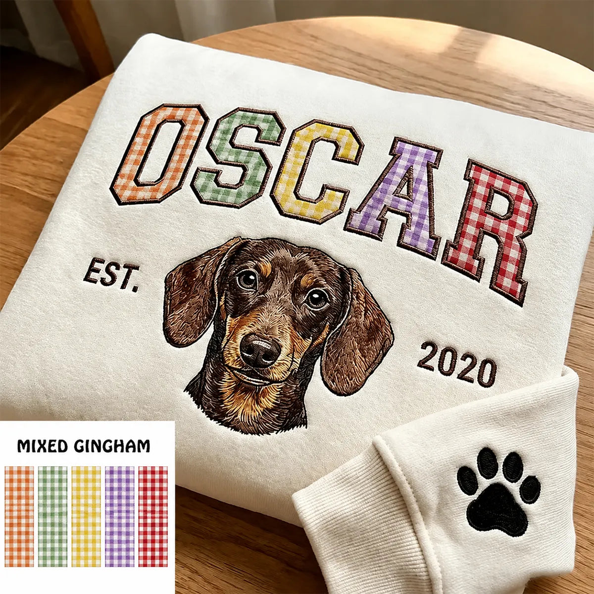 Custom Pet Portrait Embroidered Sweatshirt with Multi-Color Gingham Varsity Name
