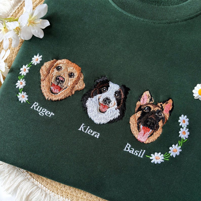 Custom Pet Portrait Embroidered Sweatshirt with Wreath - Colorful Design