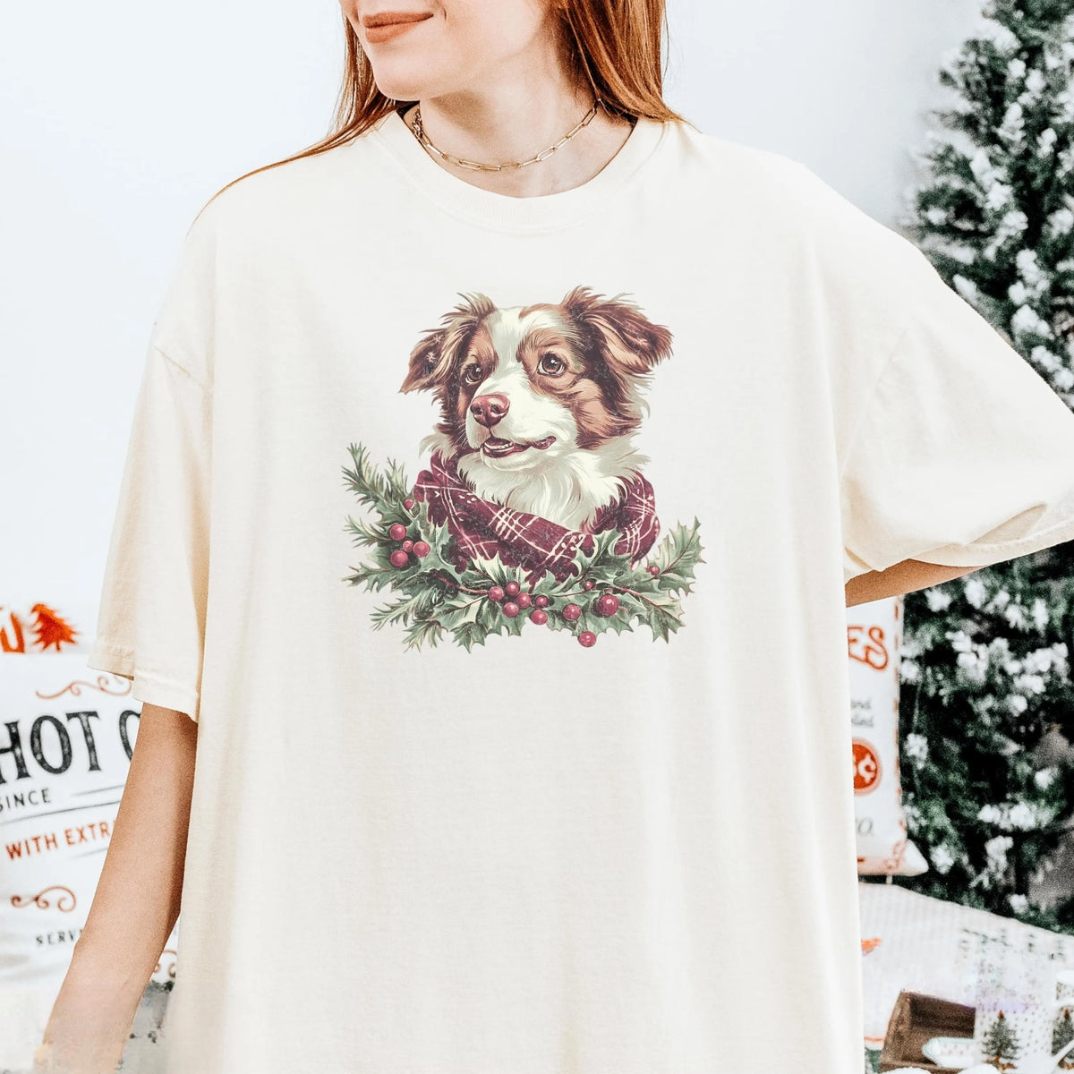 Vintage Custom Christmas Dog Graphic Crewneck T-Shirt with Berry Mistletoe Scarf